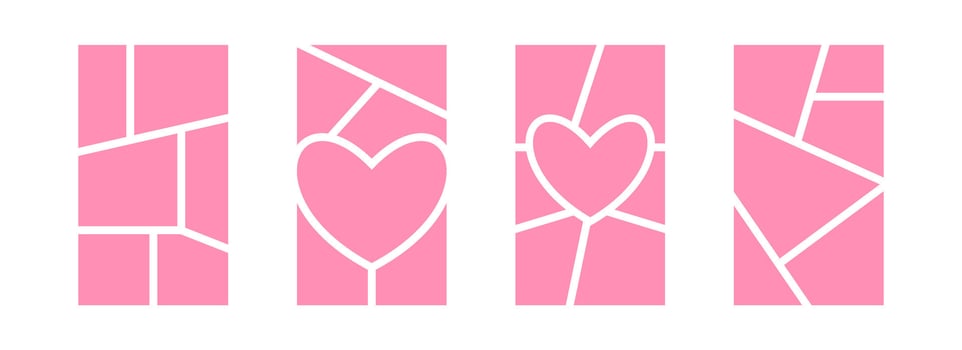 Image collage layout set. Pink mosaic mood board grid collection. Picture slot composition arrangement. Heart shaped photo album template. Love memory wall mockup for banner, poster, brochure vector