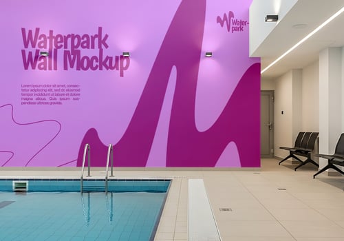 A waterpark wall mockup showcases a vibrant design next to an inviting swimming pool psd