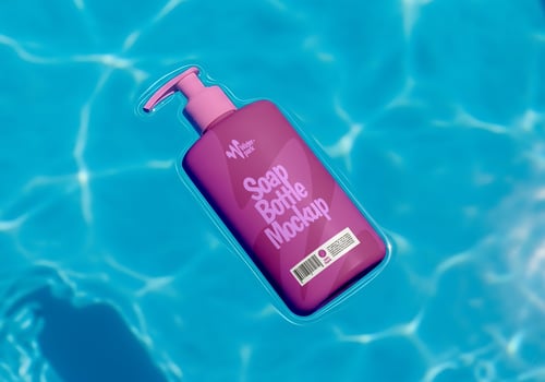 A purple soap bottle mockup floats gently on the surface of a sparkling blue pool psd