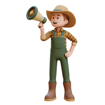 3D farmer character shout an announcement with a megaphone png