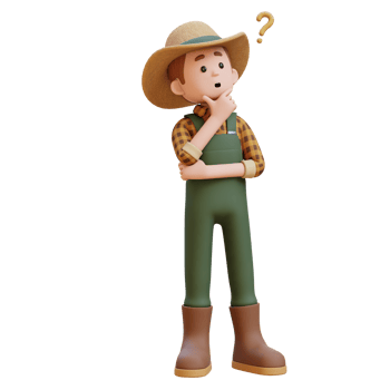 3D farmer character thinking with thought question mark png