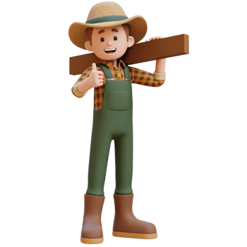 3D farmer character gives a thumbs up while working carrying wood. png