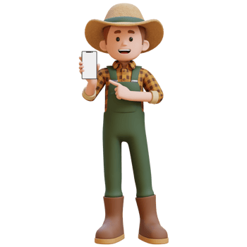 3D farmer character pointing and presenting on the smartphone png