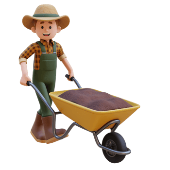 3D farmer character working with a wheelbarrow full of fertilizer. png