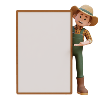 3D farmer character standing behind placard and peeking with presenting gesture. png