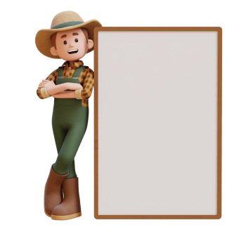 3D farmer character leaning with crossed hand on blank placard png
