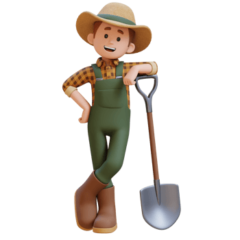 3D farmer character leaning against a shovel png