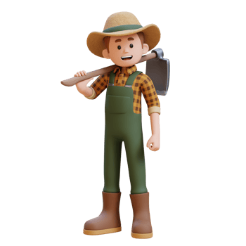 3D farmer character standing confident with a hoe on shoulder png