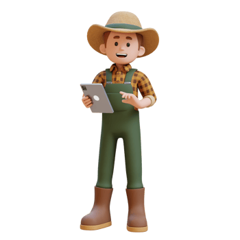 3D farmer character working uses a tablet png