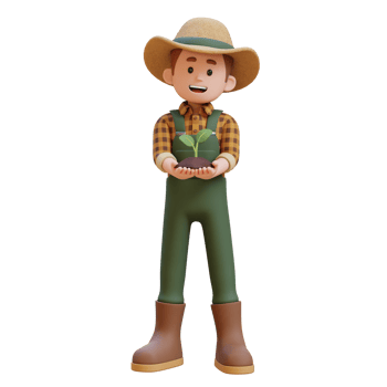 3D farmer character standing confident holding a sprout png