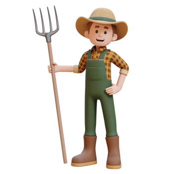 3D farmer character standing confident holding a pitchfork png