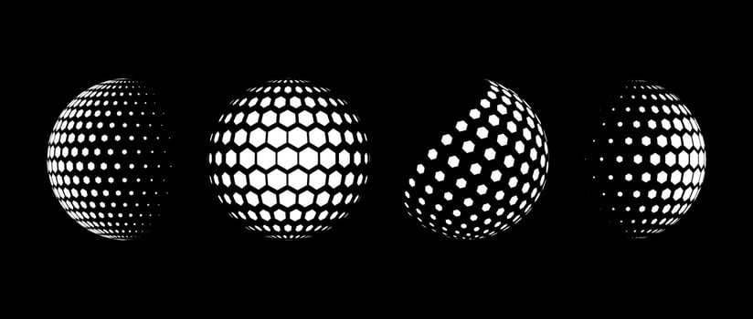 White halftone pattern sphere collection. Hexagon wireframe 3d circle set. Grid globe element bundle. Round dotted shape pack for tech poster, banner, cover, emblem, leaflet. vector