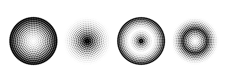 Halftone concentric circle set. Comic grunge texture ring shape collection. Dotted round geometric collection. Radial pop art design elements. Epicenter, target, radar concept. vector