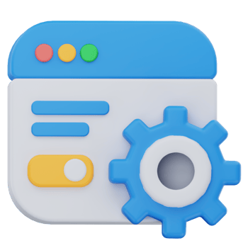 3D illustration of a web application interface with a large blue gear symbolizing settings or customization. Bright, rounded icons give it a modern, minimal design. png