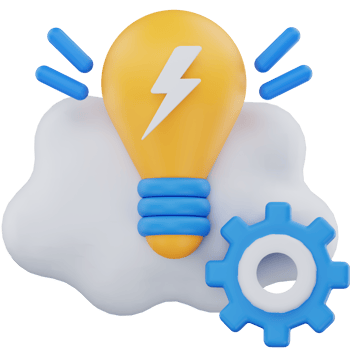 3D illustration of a lightbulb with a lightning bolt, cloud background, and gear symbolizing creative brainstorming, innovation, and idea generation in a tech context. png