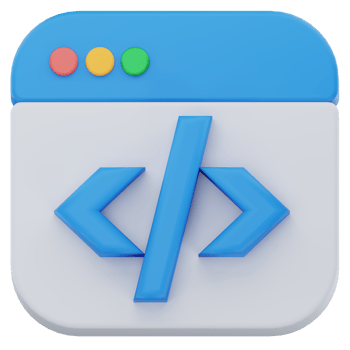 3D illustration of a browser window featuring blue HTML code brackets, symbolizing web development, coding, and software engineering in a clean and minimal digital interface. png