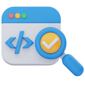 3D illustration of a browser window with HTML code brackets and a magnifying glass showing a checkmark, symbolizing software testing, code validation, or quality assurance. png