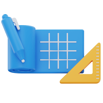 3D illustration of a rolled-out blueprint with a pen and a triangular ruler, symbolizing design, planning, or architectural drafting in a modern, minimal style. png