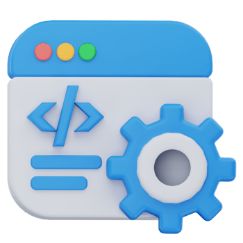 3D illustration of a web page with a gear icon and code brackets, symbolizing design settings, development customization, or frontend configuration in a clean, modern style. png
