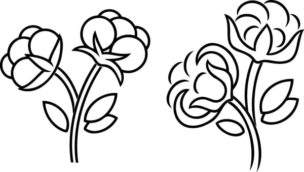 Doodle flower cotton set icon Outline black clipart vector