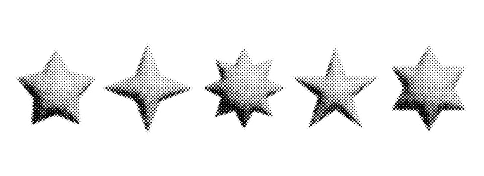 Halftone grain star set. Dotted 3d star shape collection. Y2K bitmap gradient elements bundle. Pixel comic burst and sparkle elements for graphic design, poster, banner. vector