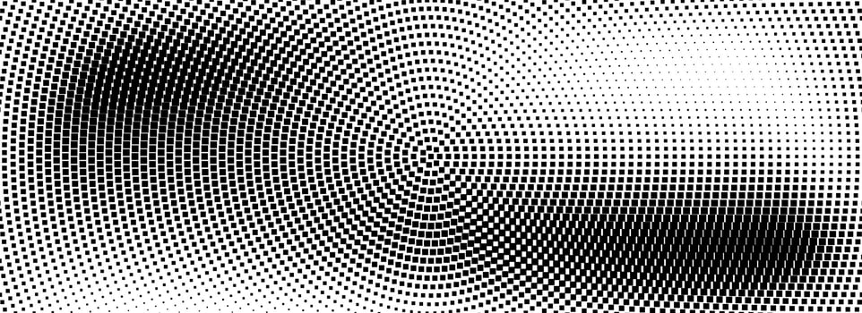 Halftone radial dotted background. Square dots comic gradient texture. Concentric dirt gradation wallpaper. Black white rough grit overlay. Grunge gritty circular pop art cartoon backdrop vector