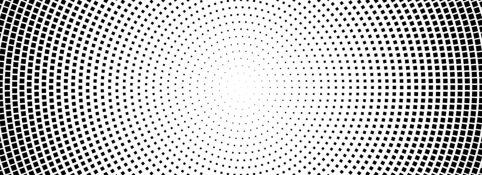 Halftone concentric dotted background. Square dots gradient texture. Radial fading comic gradation wallpaper. Black and white rough gritty overlay. Grunge circular monochrome pop art backdrop. vector