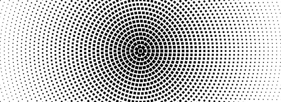 Halftone concentric dotted background. Square dots comic gradient texture. Radial fading gradation wallpaper. Black and white rough gritty overlay. Grunge circular pop art monochrome backdrop vector