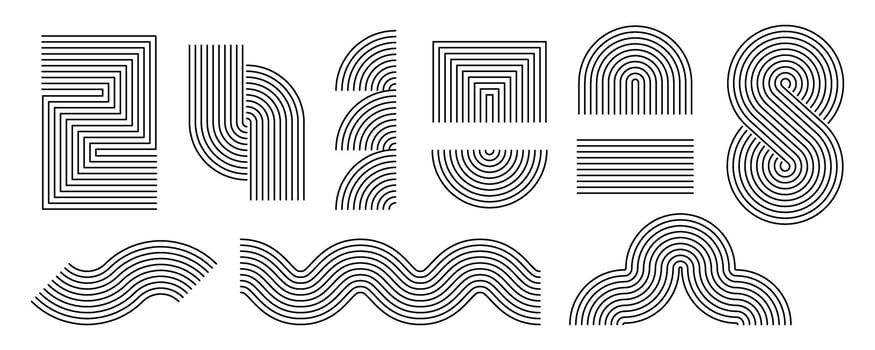 Black linear boho style geometric shape set. Mid century curves, waves and arches collection. Decorative line elements for graphic design template, poster, banner, cover. Wavy zigzag objects vector