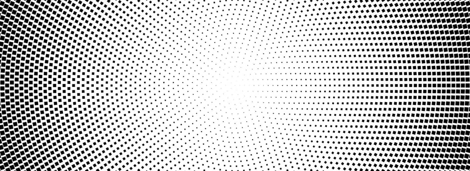 Halftone concentric dotted background. Square dots comic gradient texture. Radial fading gradation wallpaper. Black and white rough grit overlay. Grunge circular pop art monochrome backdrop vector