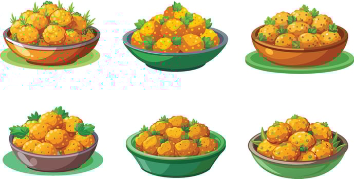 A set of six bowls with different types of fruit vector
