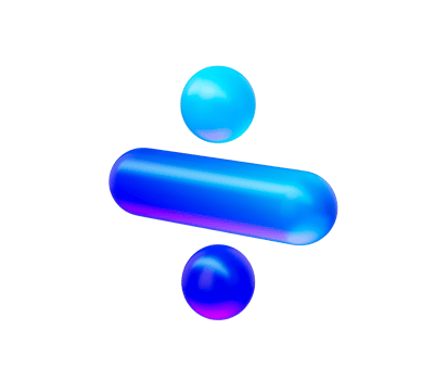 A Division symbol with a glossy neon blue gradient, and reflective surface. 3d illustration png