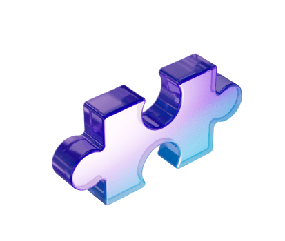 3D Glossy purple and blue gradient puzzle piece with a sleek, futuristic design. 3d illustration png