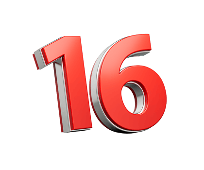 Bold Vibrant Red Number Sixteen Number 16 With Metallic, 3D Illustration png