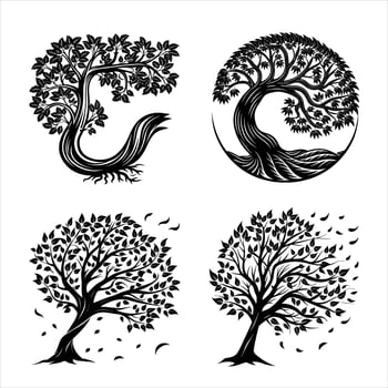 Artistic Tree Silhouette Collection with Curved Trunks and Falling Leaves vector