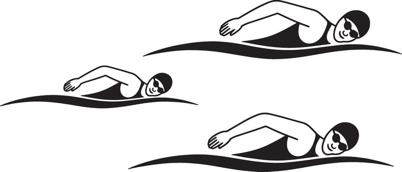 Black and white illustration of swimmers in the water with goggles and swim caps vector