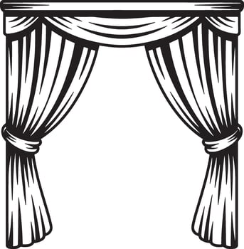 Black and white illustration of stage curtains with tied drapes vector