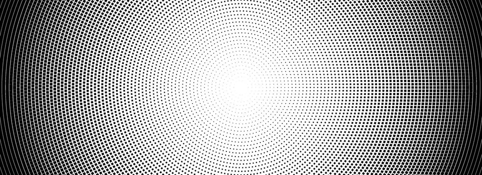 Halftone radial dotted background. Square dots comic gradient texture. Concentric fading gradation wallpaper. Black white rough grit overlay. Grunge gritty circular pop art cartoon backdrop vector