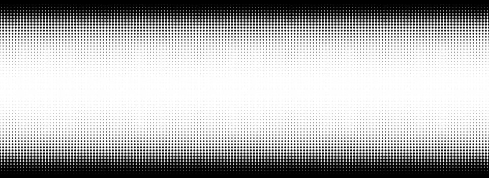 Dotted halftone gradient texture. Vanishing polka dot background. Repeated dots gradation pattern. Black and white fading comic pop art backdrop. Horizontal halftone raster effect wallpaper vector