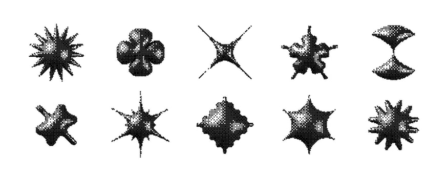 Black pixelated 3d Y2K shape set. Bitmap stars, flowers, sparkles element collection. Retro 8 bit sticker form bundle for poster, banner, collage, graphic design. Dither geometric object pack vector