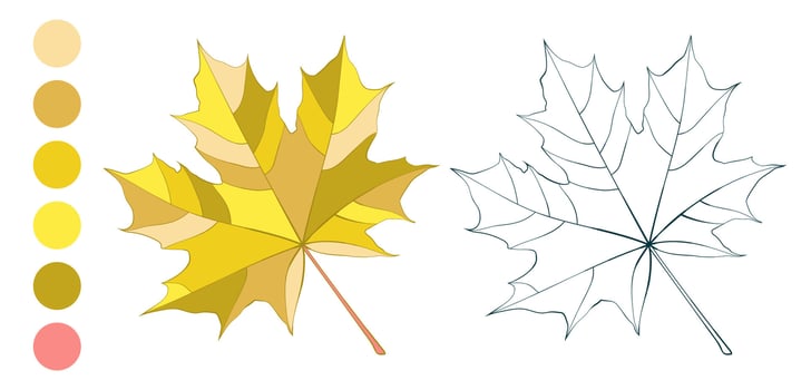Hand-drawn gold autumn colored maple leaf isolated on white background. Flat and line style illustration. vector