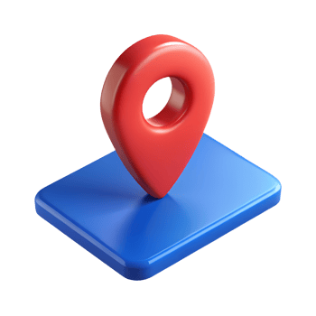A vibrant red location pin sits atop a glossy blue platform. png