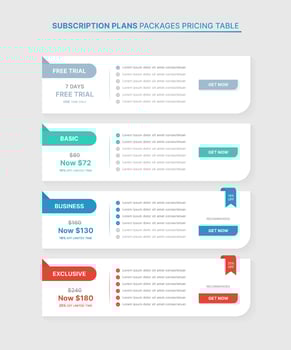 Subscription Plans Pricing Comparison Table Infographic Template with 4 Packages vector