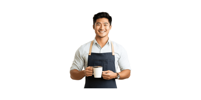 Smiling Barista Holding Coffee Mug. Hospitality And Customer Service Concept Isolated On Transparent Background png