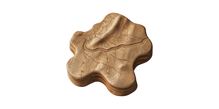 3D Wooden Topographic Map Sculpture. Artistic Representation Of Terrain And Geography Isolated On Transparent Background png