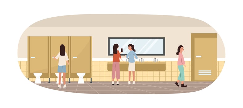 Woman public toilet. Mall toilet. Mall restroom. Restroom mirror. Closet. Toilet door. Restroom interior. vector