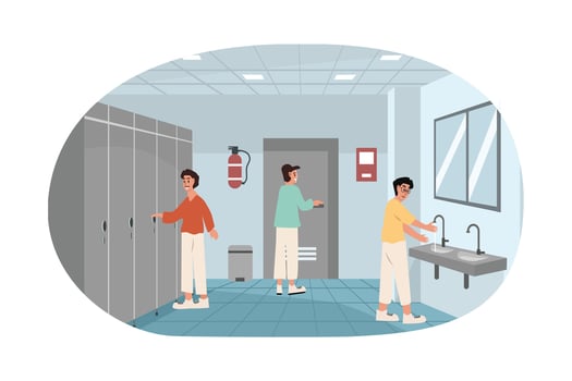 Male toilet. Washroom illustration. People at restroom. Washing hand. Toilet for man. vector