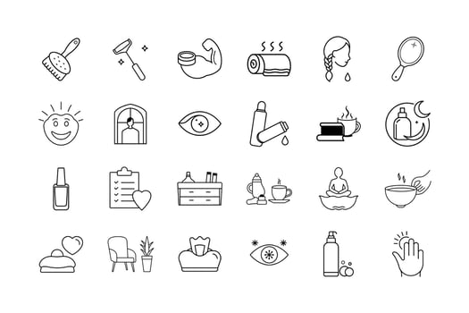 Self Care and Pampering Icon Set Skincare Relaxation Beauty Routine Spa Essentials Wellness and Me Time Symbols vector