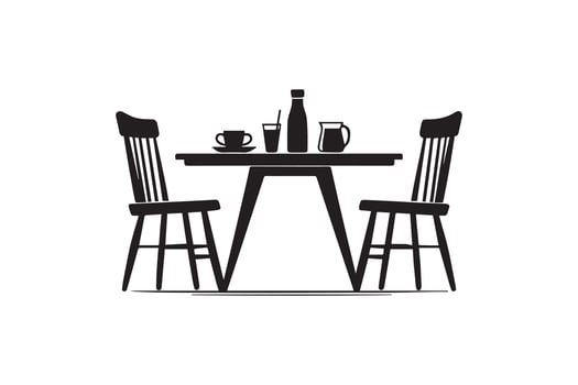 A black and white illustration of a table and chairs vector
