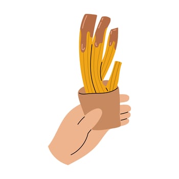 Hand holds Churros heap in paper bag. No dish meals. Popular junk food. Flat illustration isolated on white background. vector